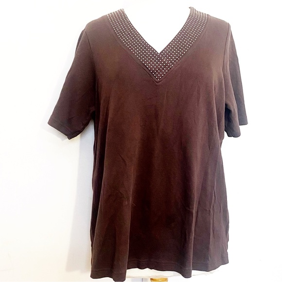 Quacker Factory Tops - Quacker Factory Brown 100% Cotton Knit Blingy V-Neck Short Sleeve Top 1X